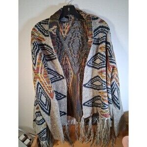 Cardigan Kimono Topper Open Front Angie Size L Boho Multicolored Pattern Fringe